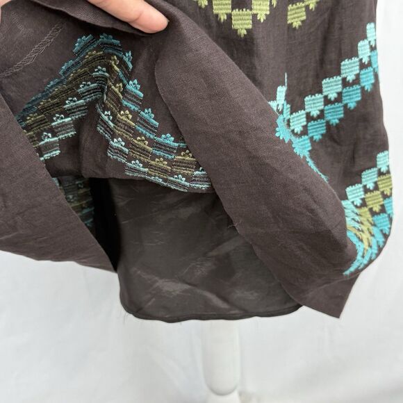 Ann Taylor LOFT Brown Pleat Skirt Embroidered Chevron Pattern 2P Linen - Picture 3 of 16